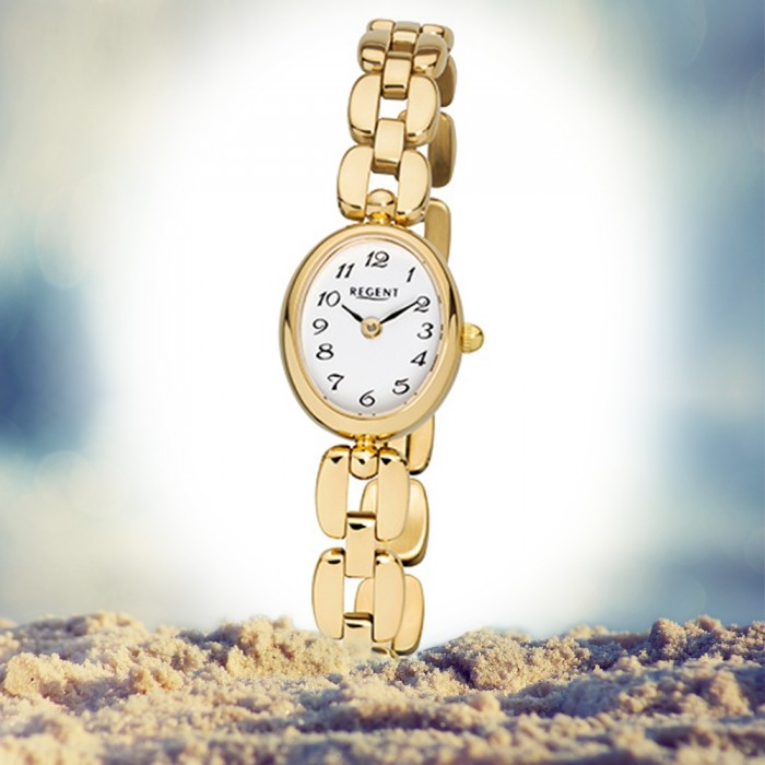 Regent Damen-Armbanduhr gold F-1406 Mini URF968 Quarz-Uhr Stahl-Armband