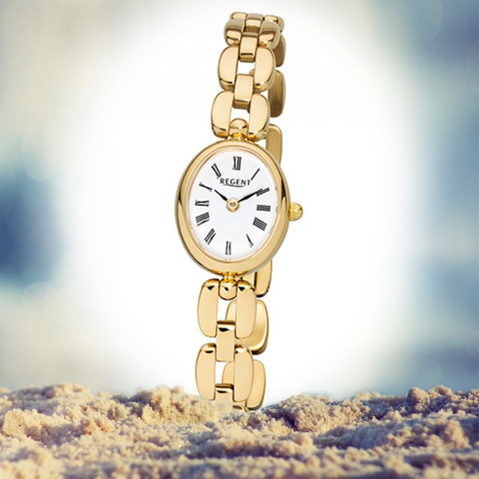 gold Stahl-Armband Quarz-Uhr Regent URF969 Mini F-1407 Damen-Armbanduhr