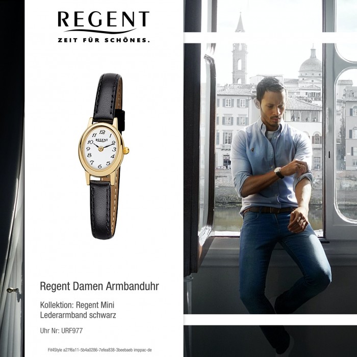 Mini Damen-Armbanduhr Regent schwarz URF977 Quarz-Uhr Leder-Armband F-977