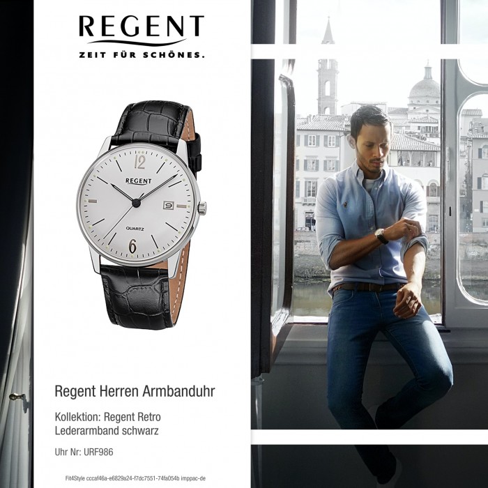 Leder-Armband Herren-Armbanduhr F-986 Retro Quarz-Uhr Regent schwarz URF986