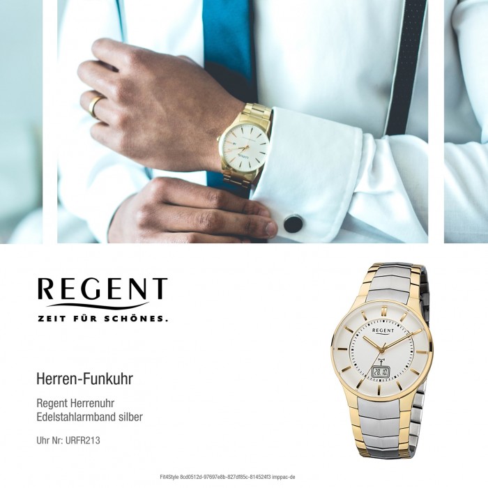 Herren-Armbanduhr Funkuhr Edelstahl-Armband gold Regent 32-FR-213 silber URFR213