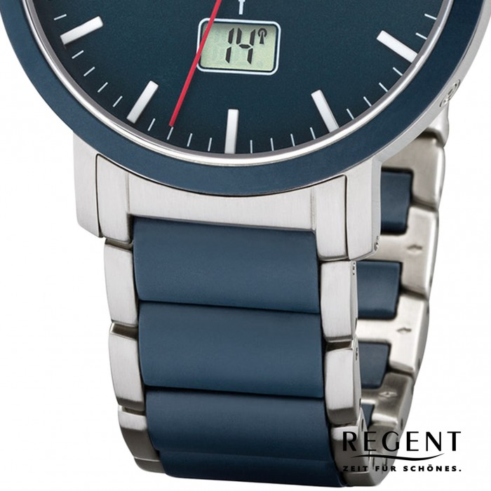 Regent Armbanduhr Analog Digital FR-254 blau URFR254 Metall Funk-Uhr silber