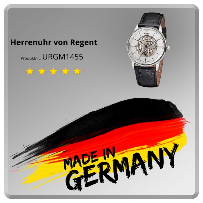 Regent Herren Armbanduhr URGM1455 Handaufzug Analog GM-1455 Leder schwarz