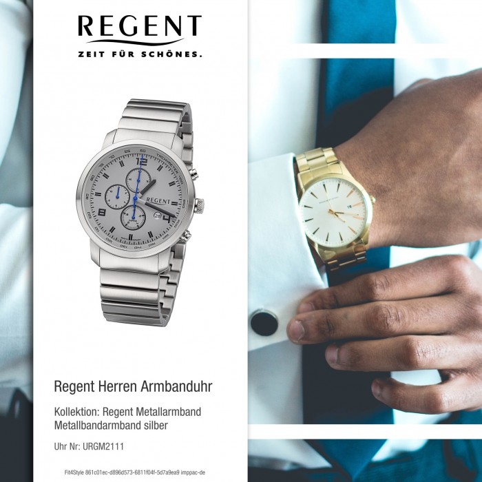 Regent Herren Metallband Armbanduhr GM-2111 URGM2111 silber Quarz-Uhr Analog