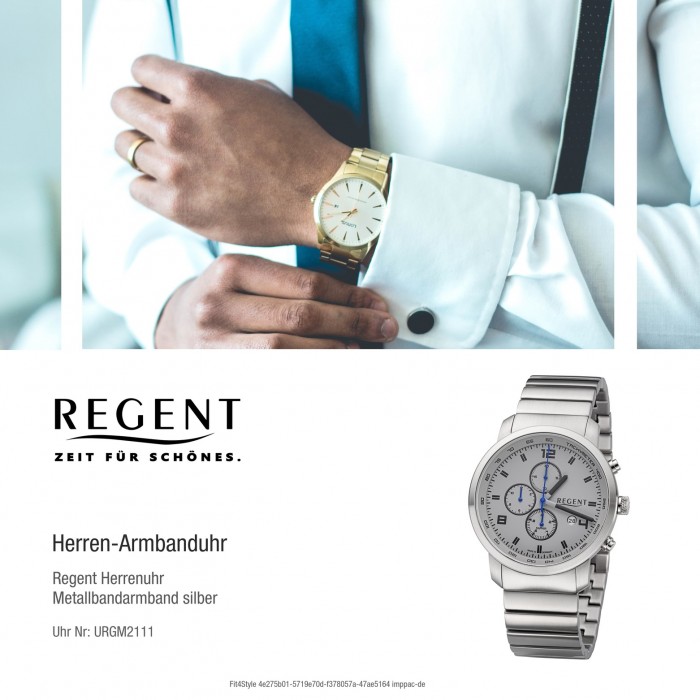 Analog Armbanduhr Regent GM-2111 silber Herren URGM2111 Quarz-Uhr Metallband